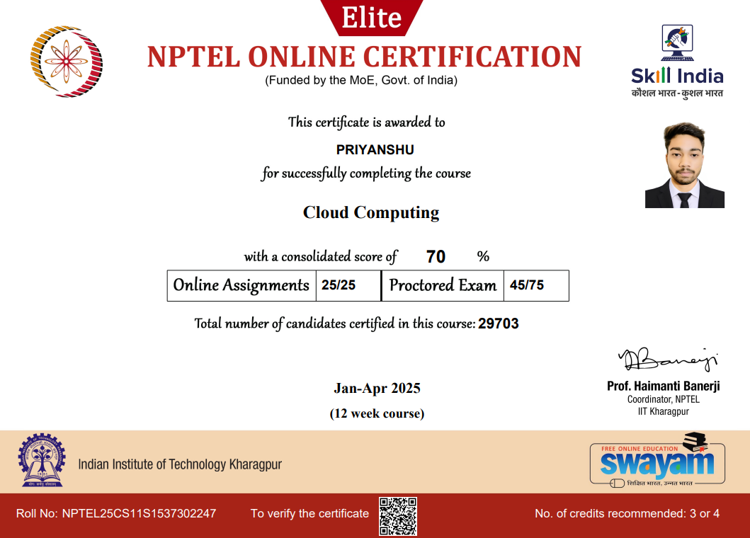 NPTEL Cloud Computing certificate