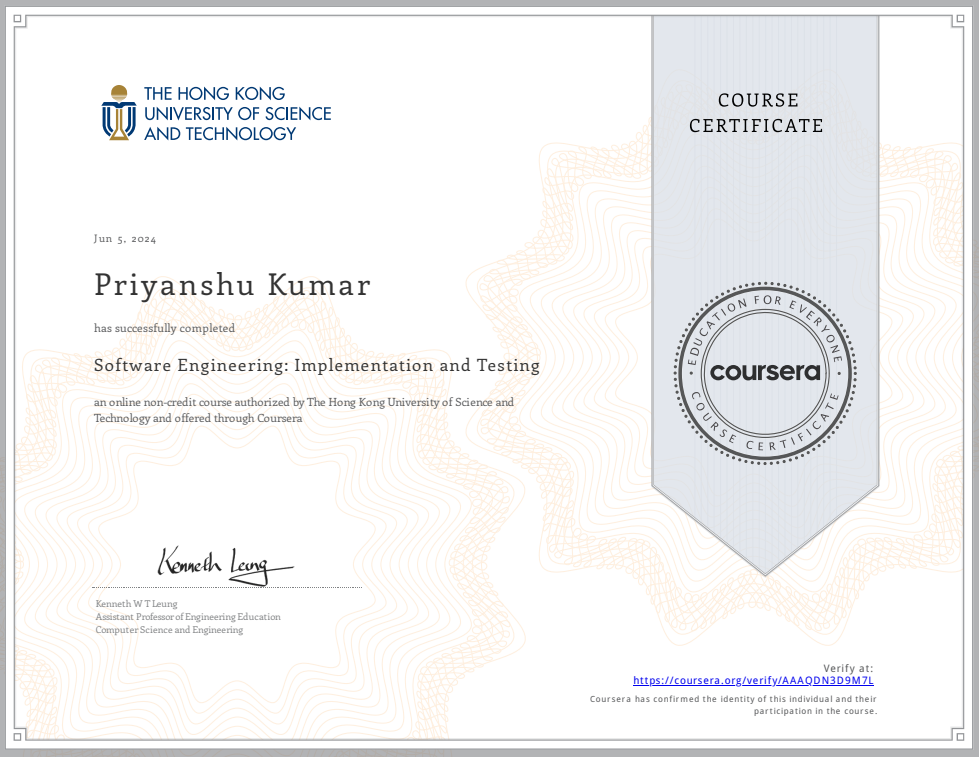 Software Engineering Testing and Implementation certificate