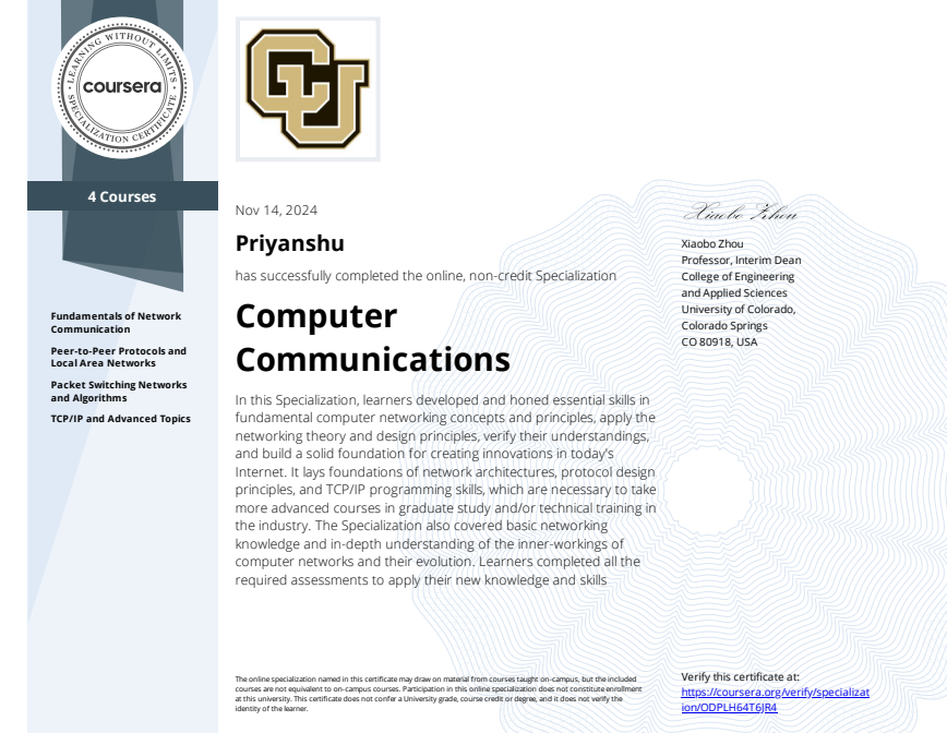 Computer Communications Specialization certificate