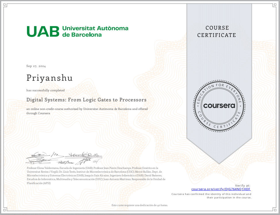 Digital Systems from Logic Gates certificate