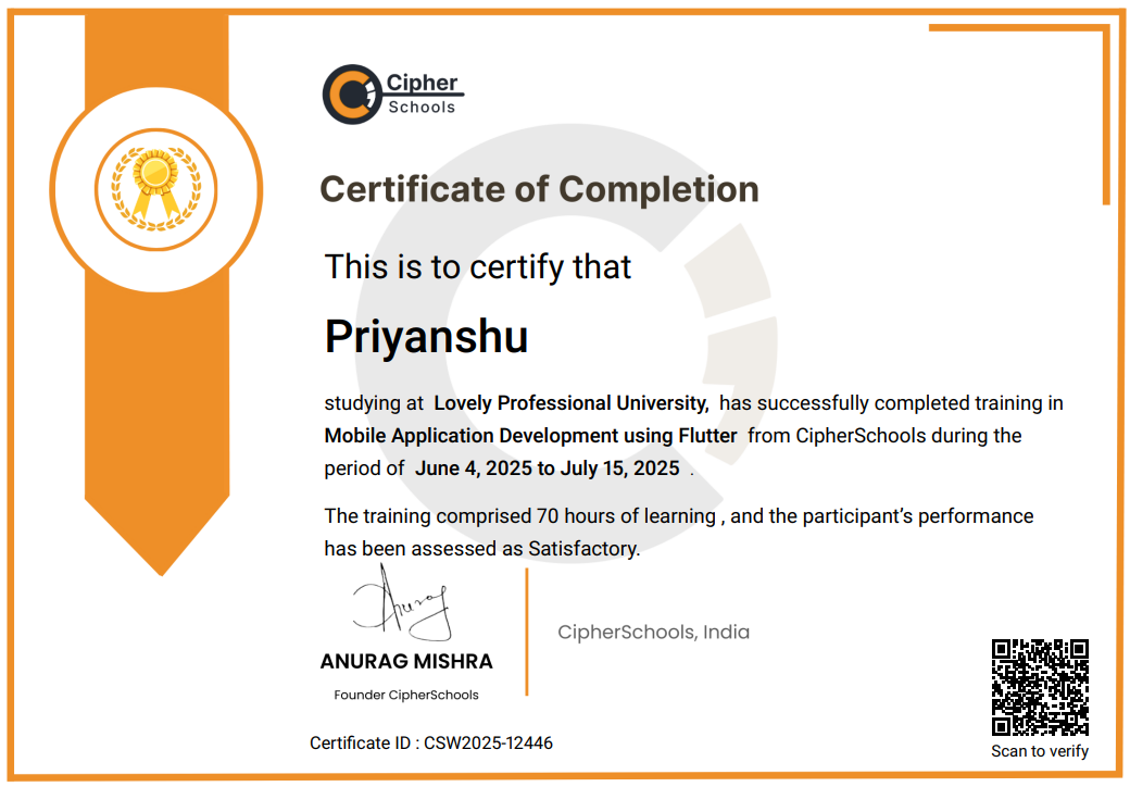 Mobile Application Development using Flutter certificate