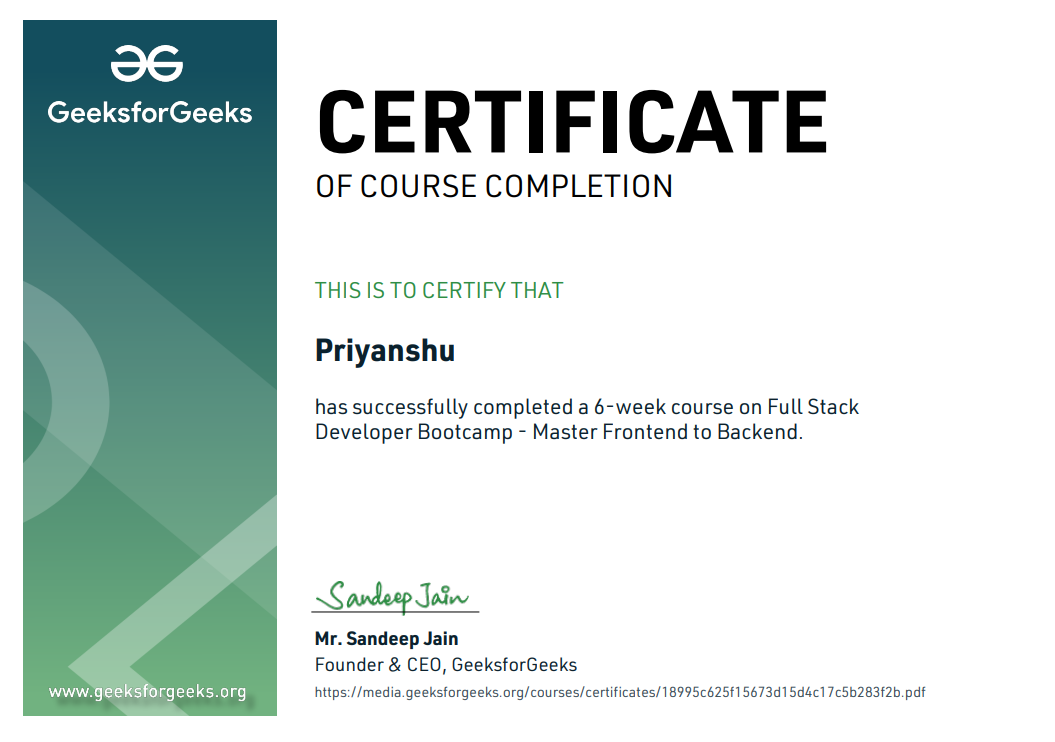 Full Stack Developer certificate