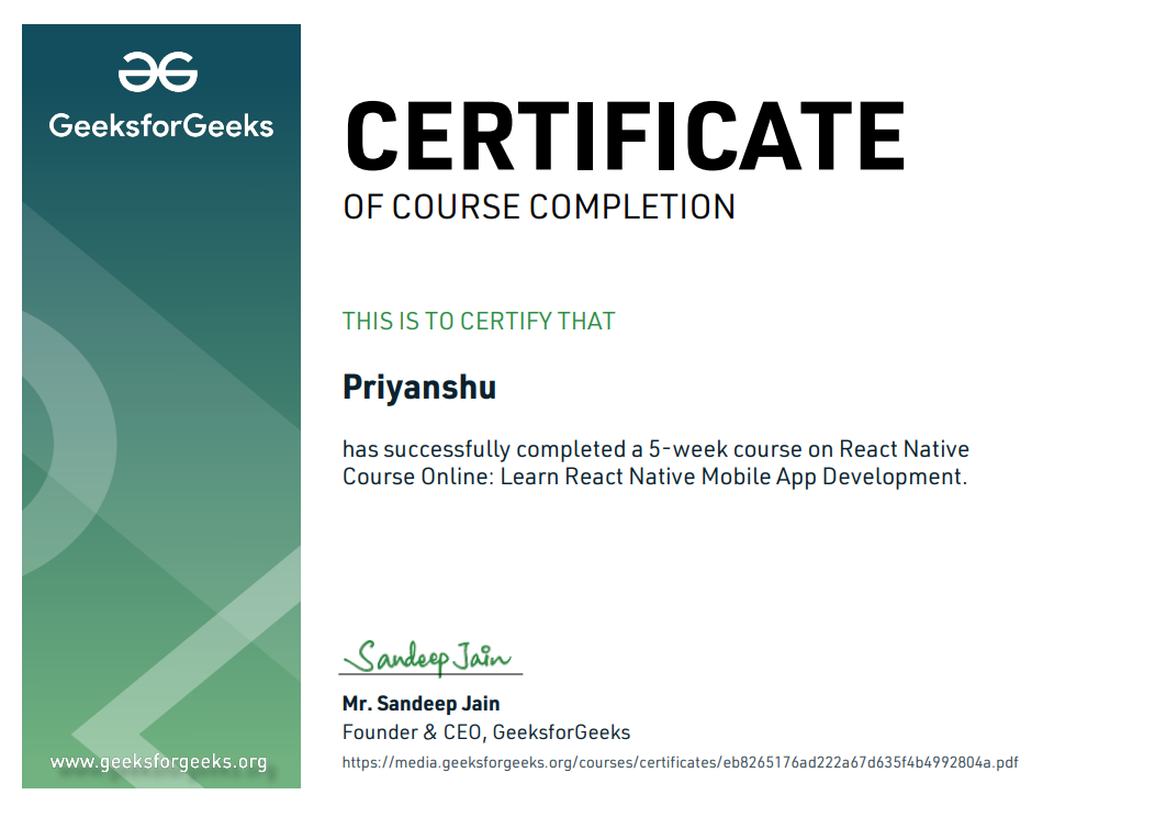 React Native Development certificate