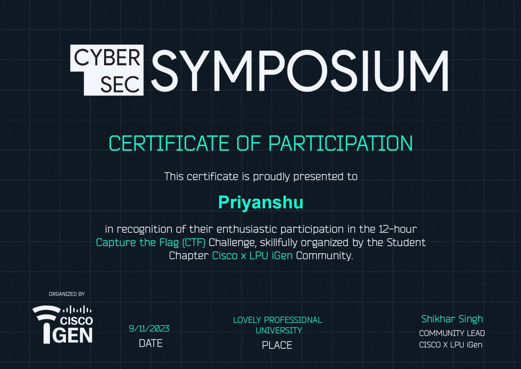 CTF Symposium participation certificate